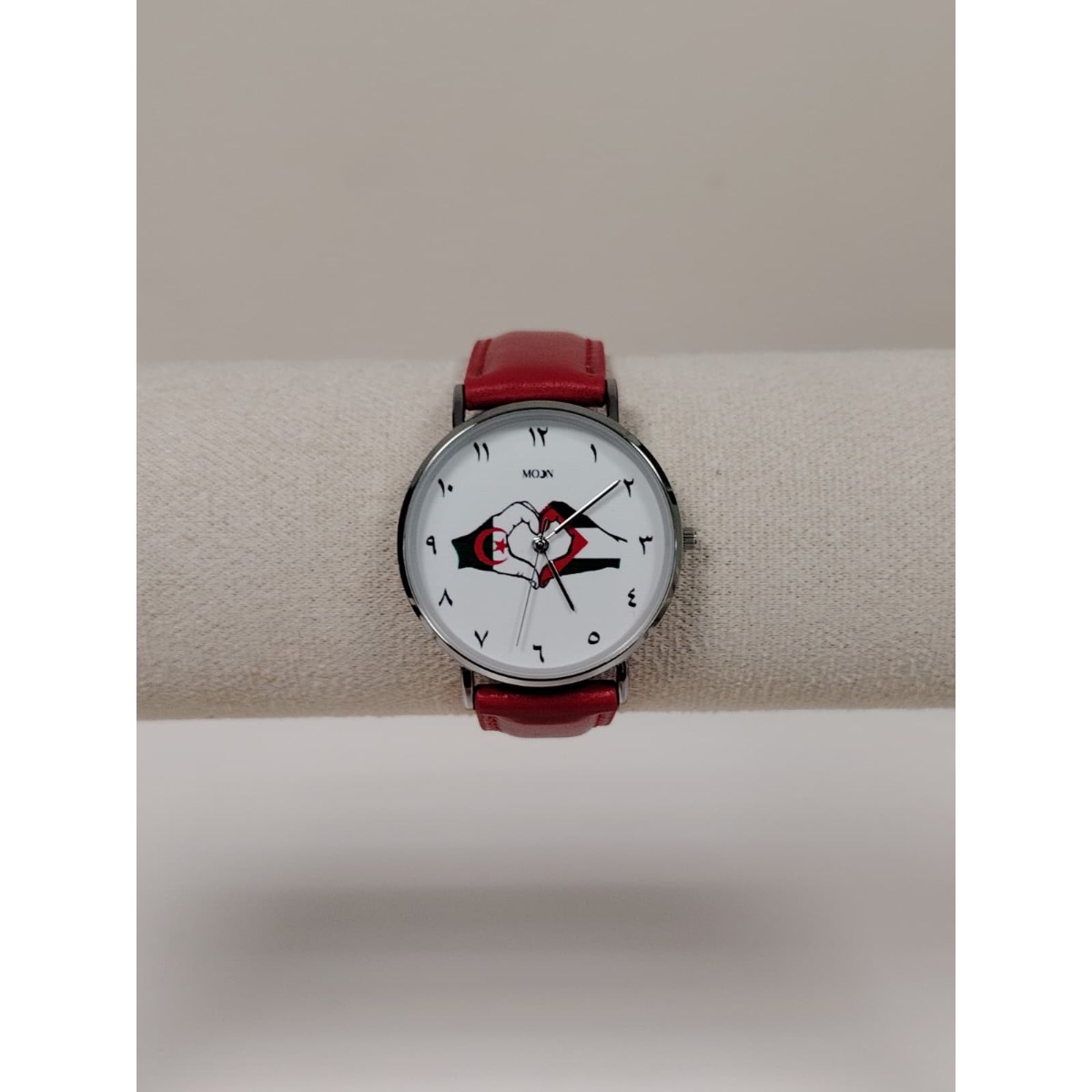 Montre "Algérie ❤️ Gaza" – Cadran Chiffres Arabes | Bracelet Simili Cuir Rouge