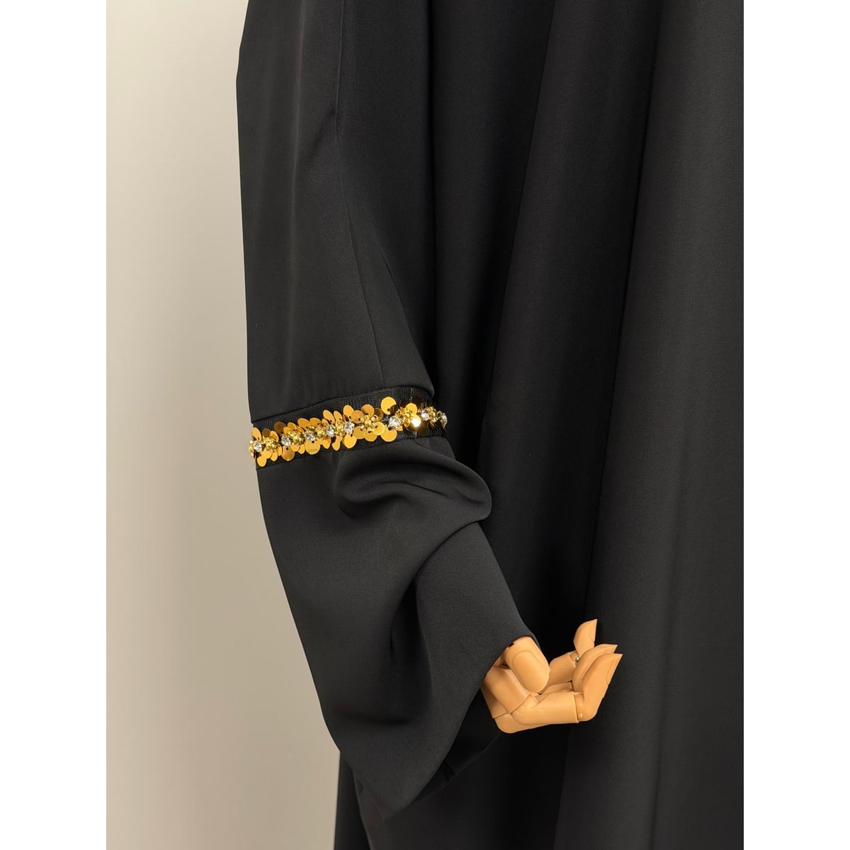 Elegant Long Black Abaya One Size Gold Detail