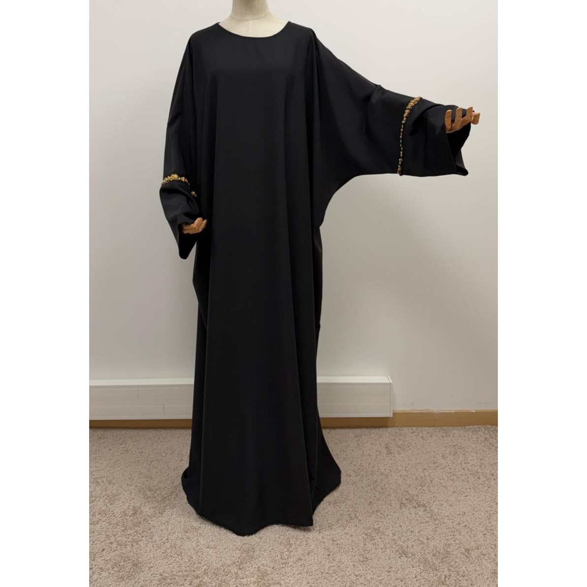 Elegant Long Black Abaya One Size Gold Detail