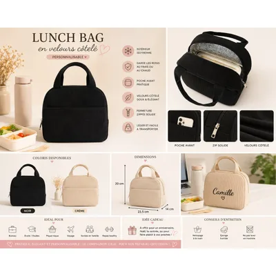 Lunch Bag Isotherme en Velours Côtelé Personnalisable – Art de la table