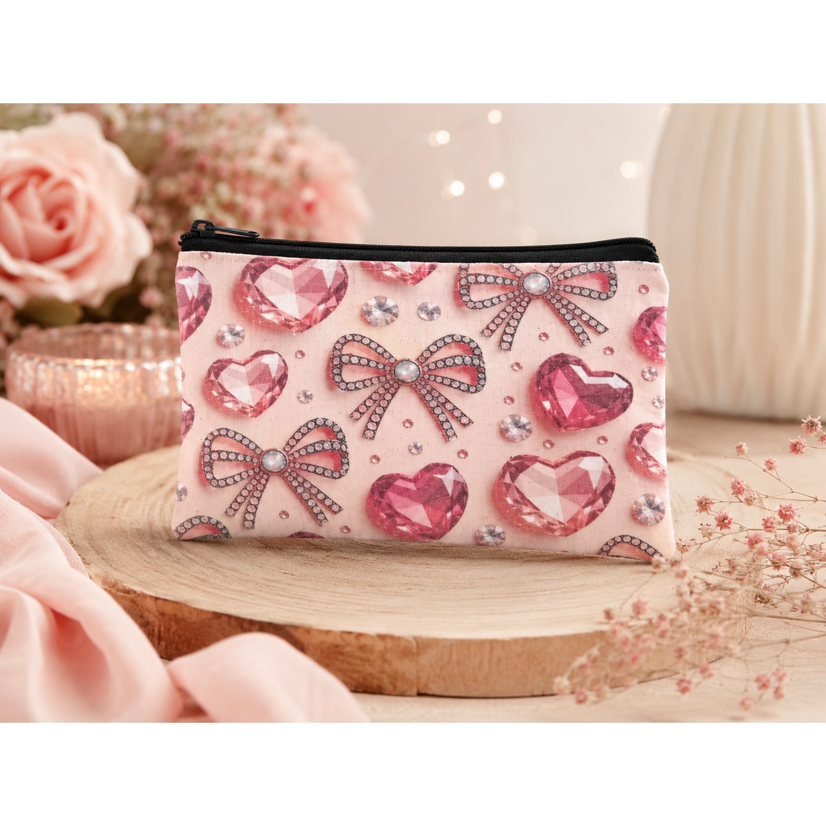 Trousse plate zippée – Cœurs & Nœuds scintillants