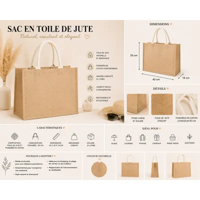 Sac en toile de jute Grand modèle personnalisable – Maroquinerie & sacs femme