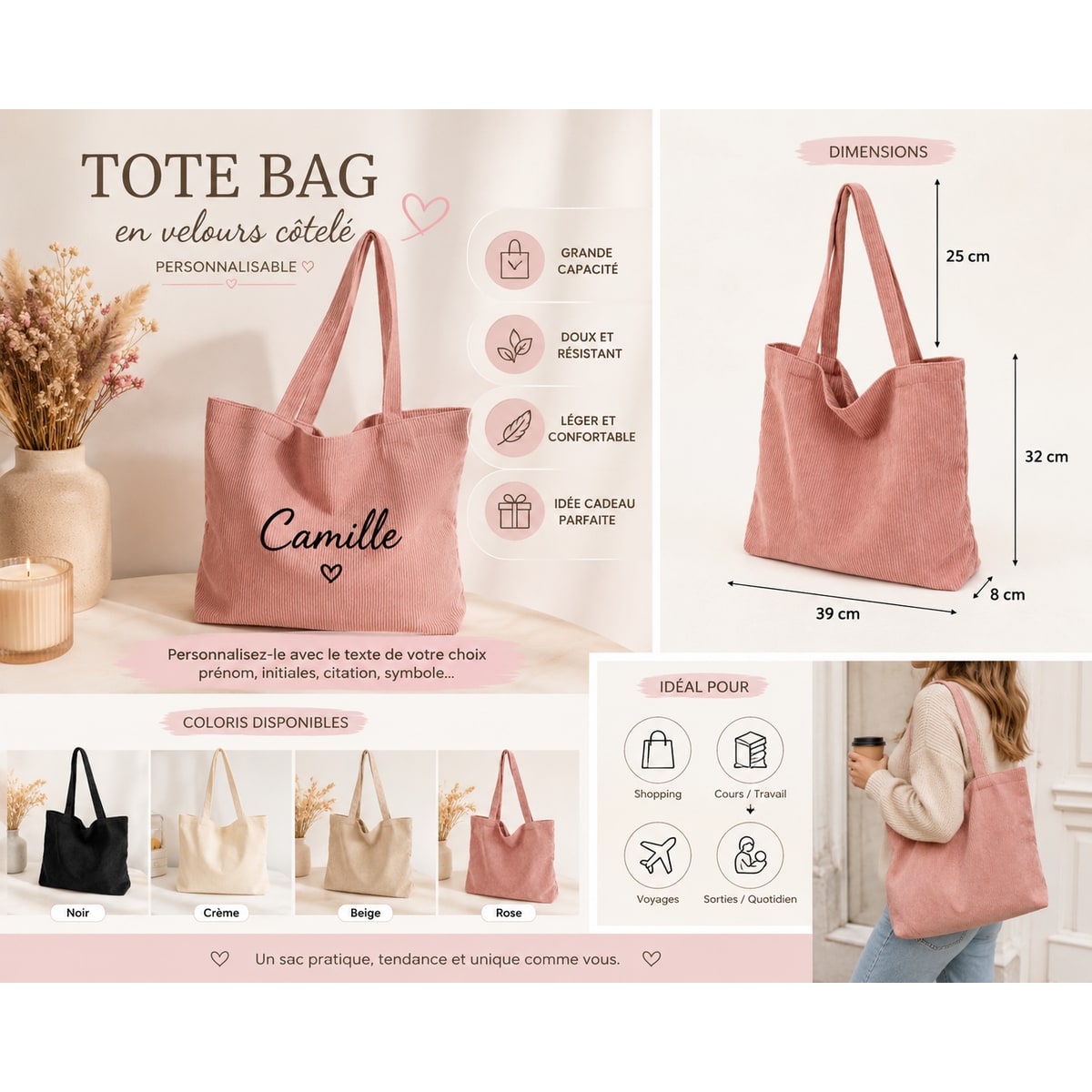 Tote Bag en Velours Côtelé Personnalisable