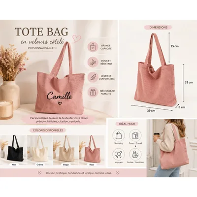 Tote Bag en Velours Côtelé Personnalisable – Maroquinerie & sacs femme