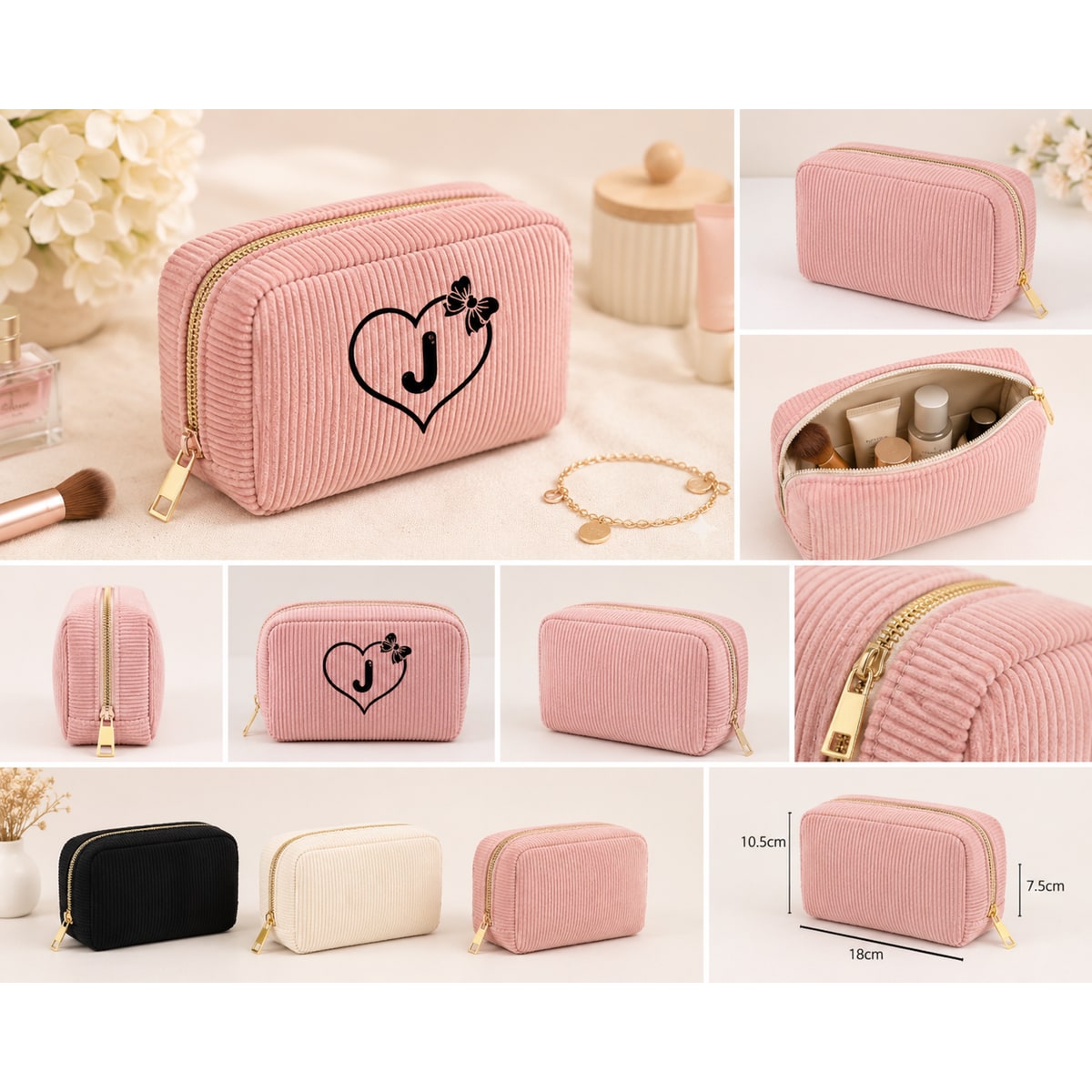 Trousse de maquillage en velours côtelé personnalisable
