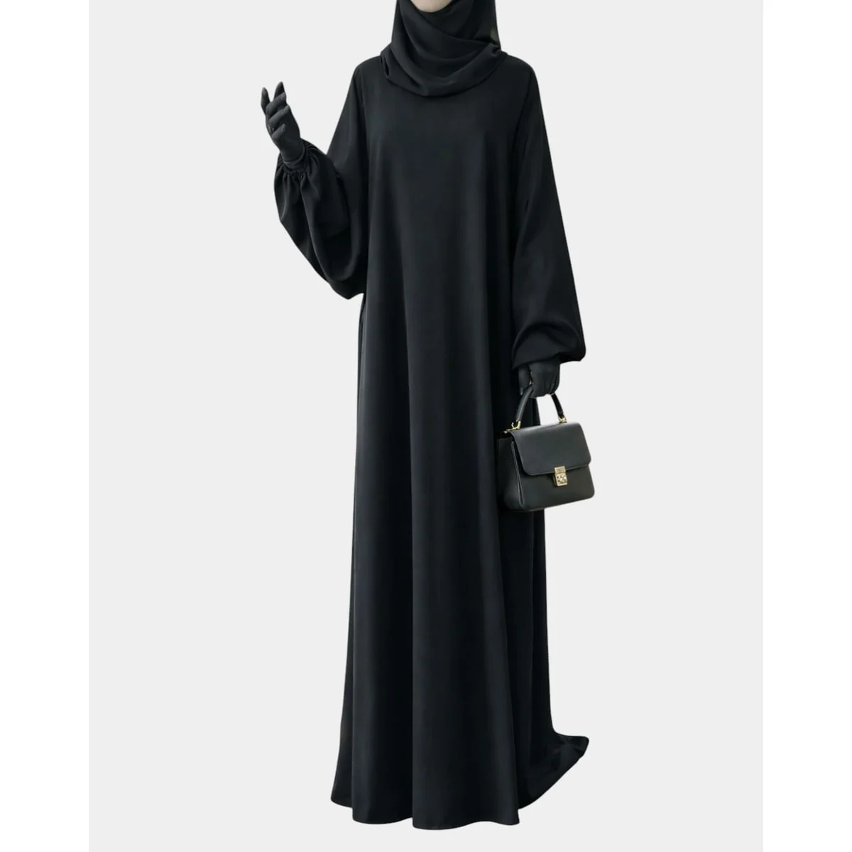 Abaya noire manches ballon en soie de Médine
