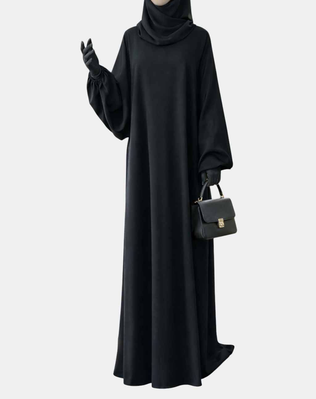 Abaya noire manches ballon en soie de Médine