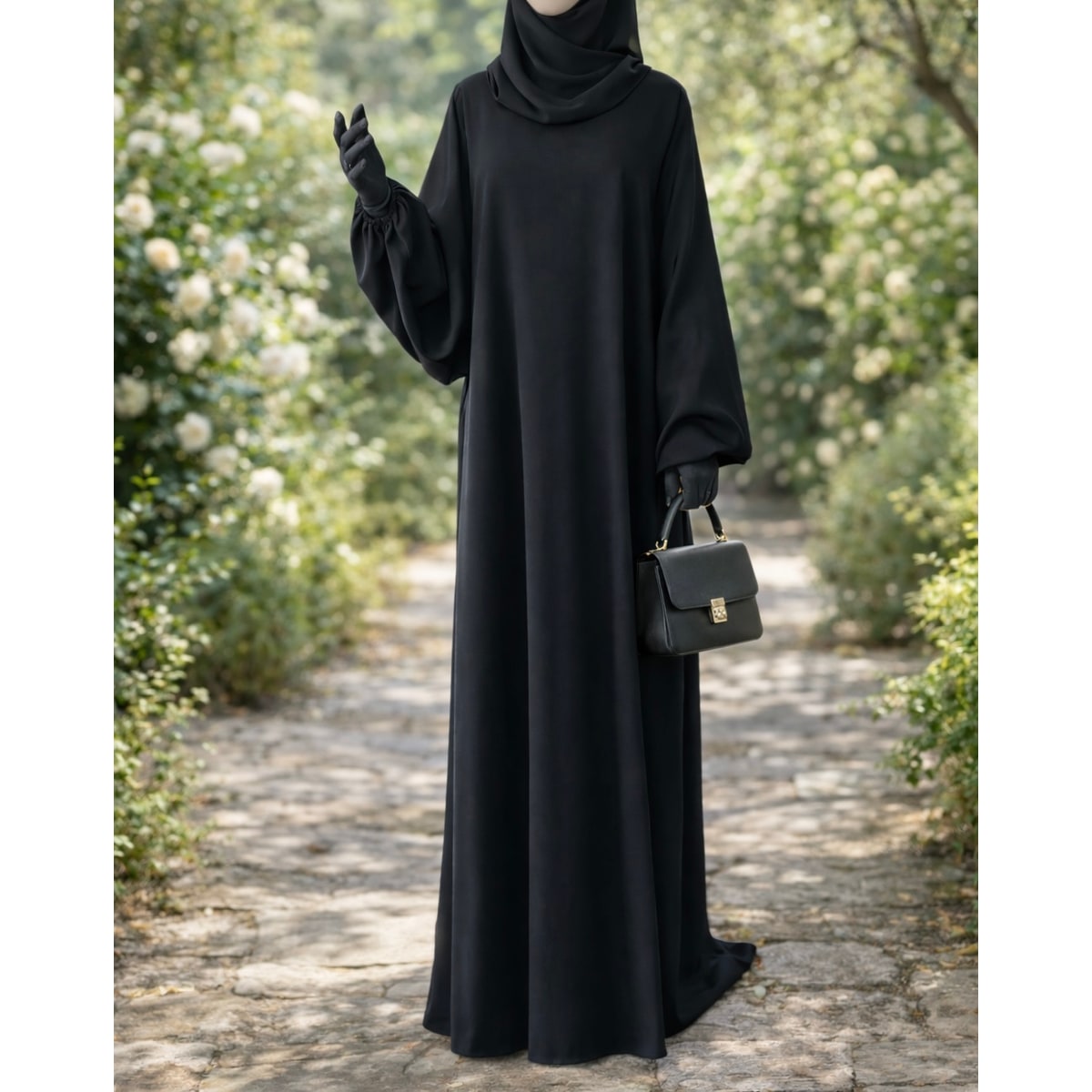 Abaya noire manches ballon en soie de Médine