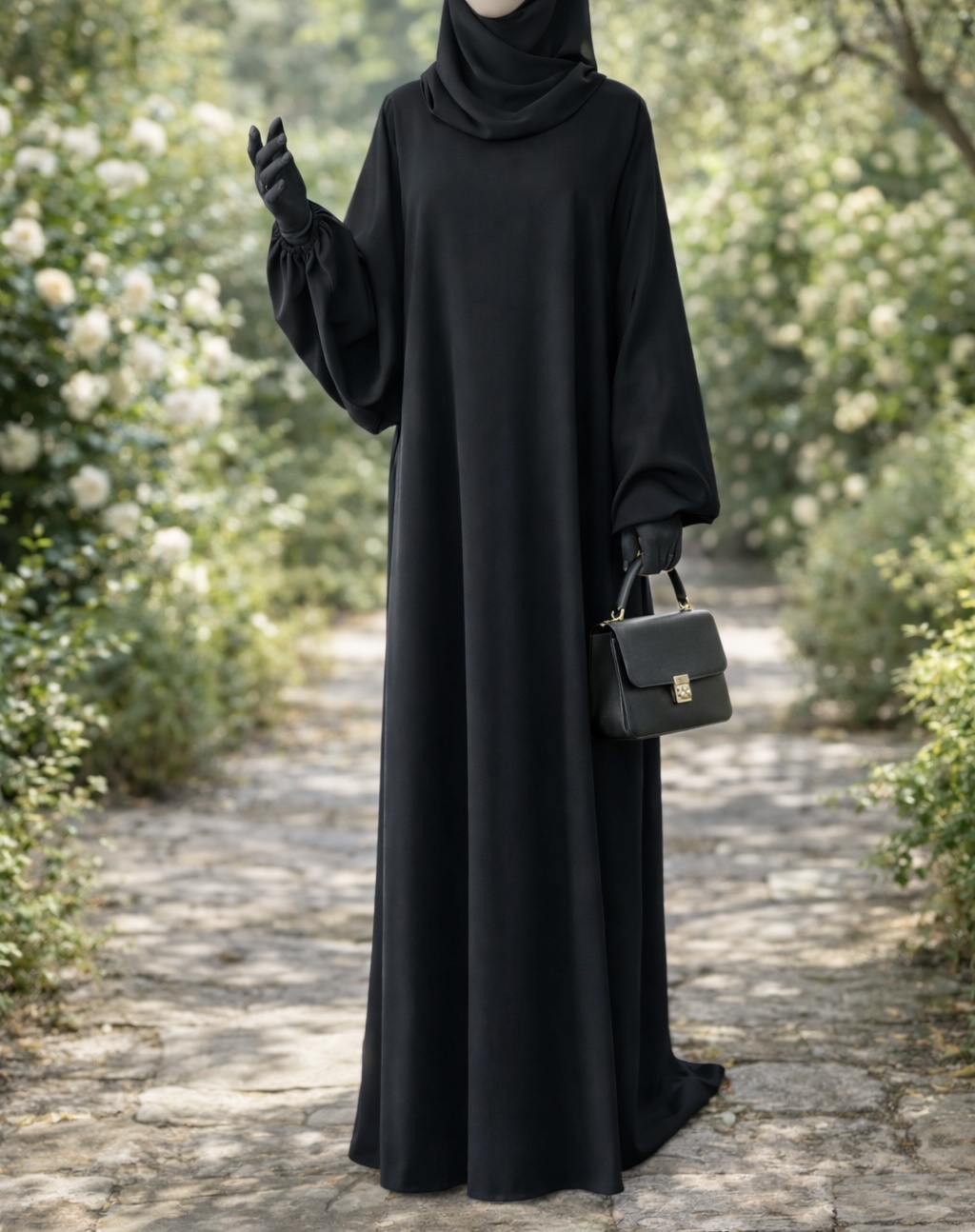 Abaya noire manches ballon en soie de Médine 3