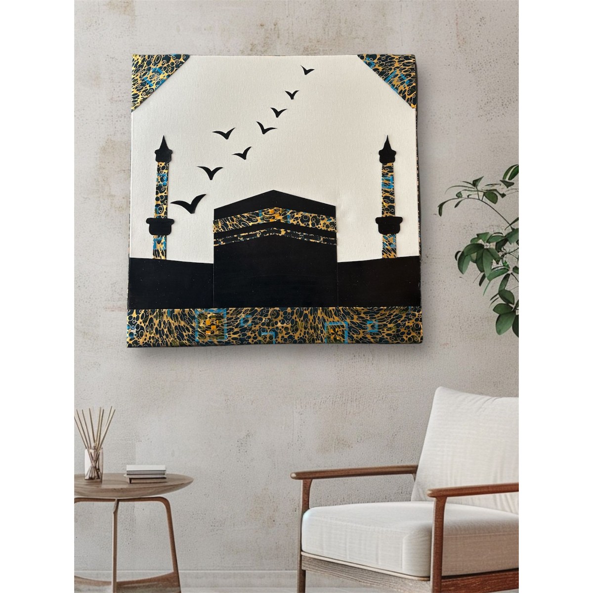 Tableau décoratif sur toile - Kaaba - avec tissu wax satiné