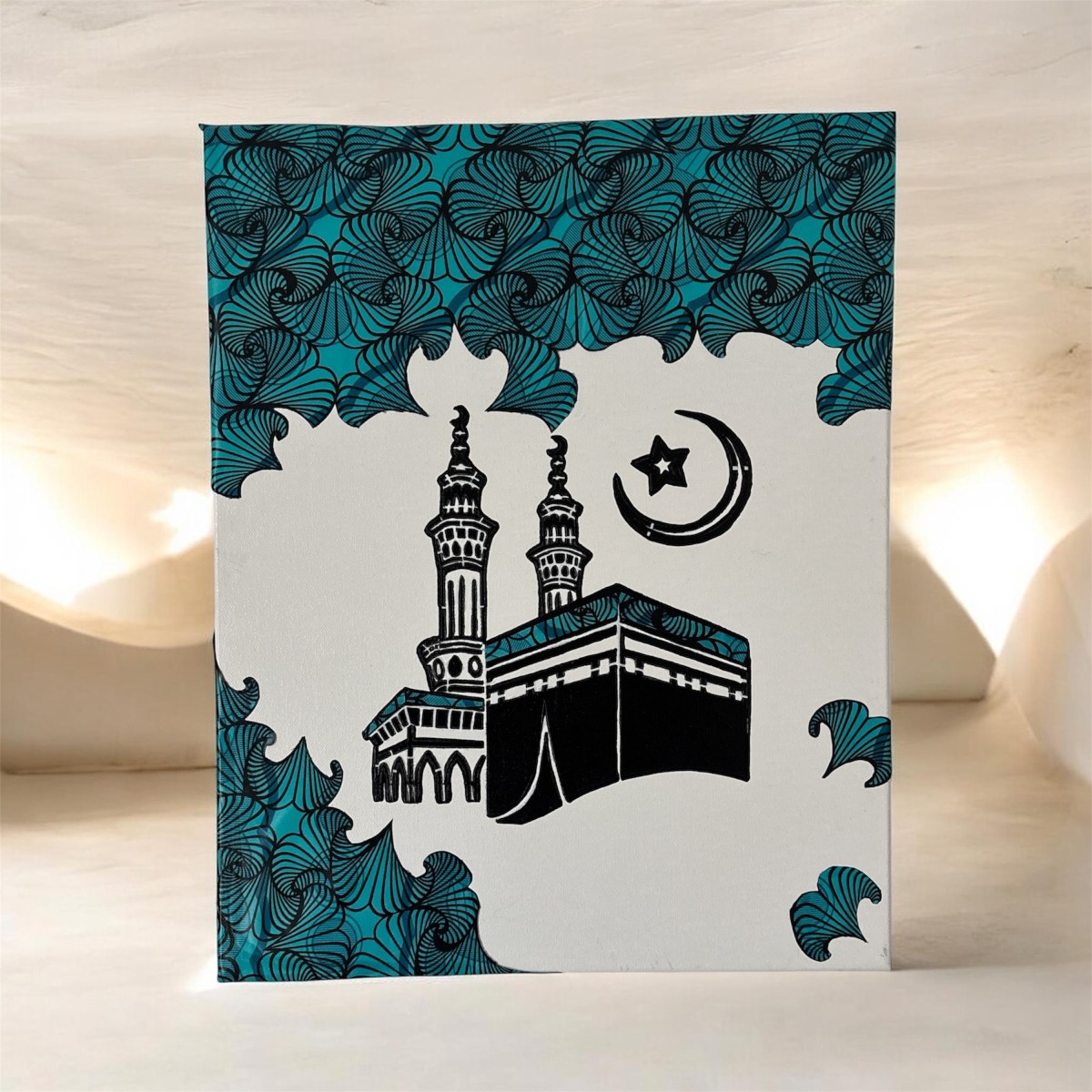 Tableau décoratif sur toile - Mosquée al Haram - Kaaba avec tissu wax