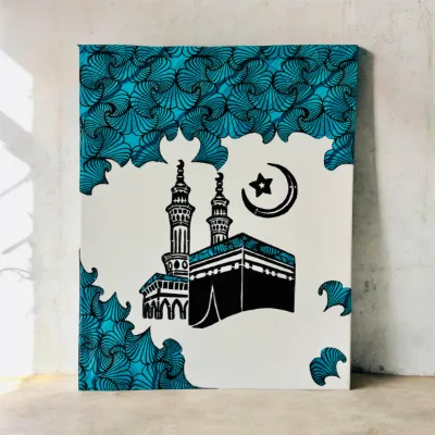 Tableau décoratif sur toile - Mosquée al Haram - Kaaba avec tissu wax