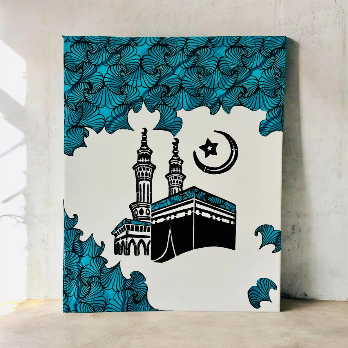 Tableau décoratif sur toile - Mosquée al Haram - Kaaba avec tissu wax
