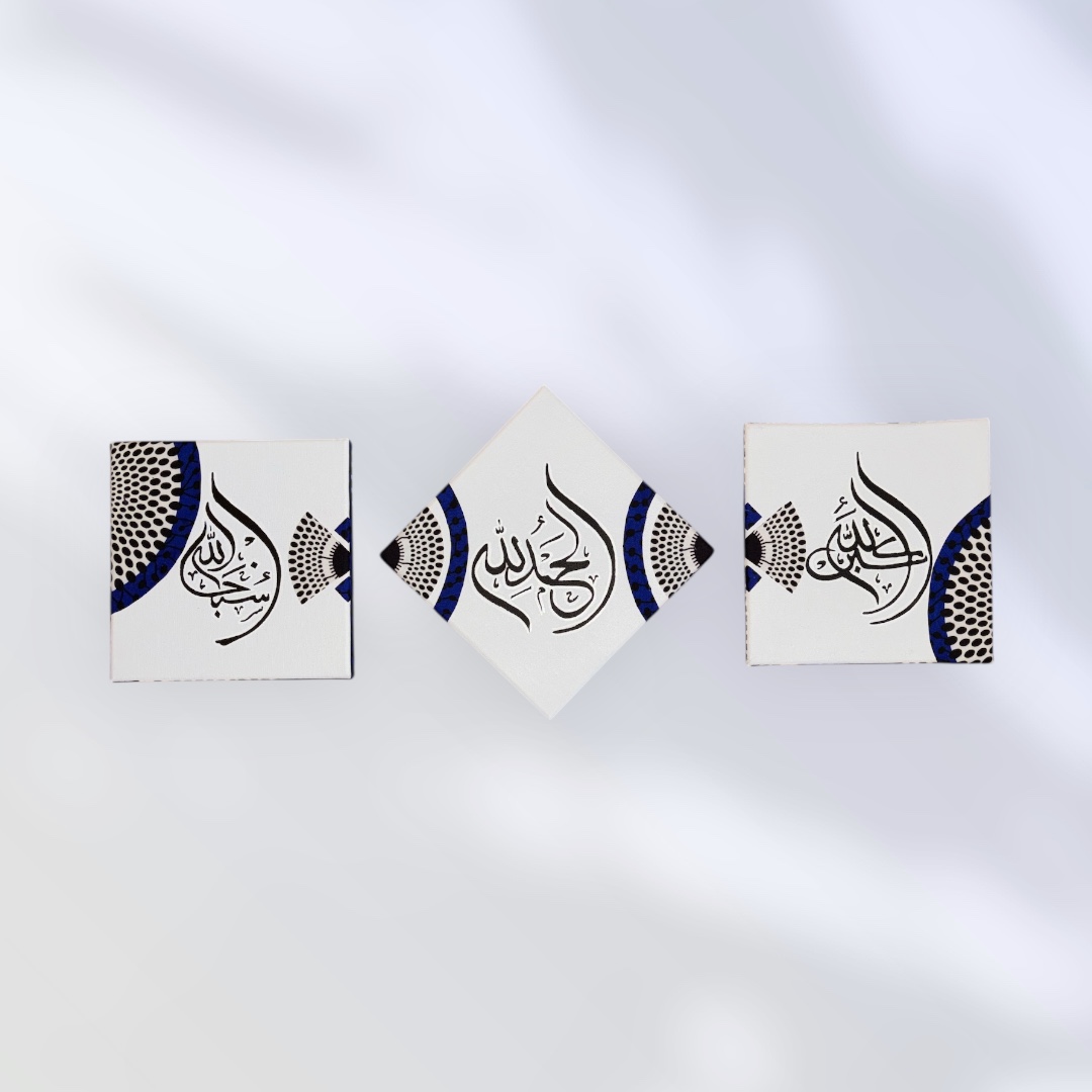 Tableaux x3 calligraphie sur pochoir - tissu wax