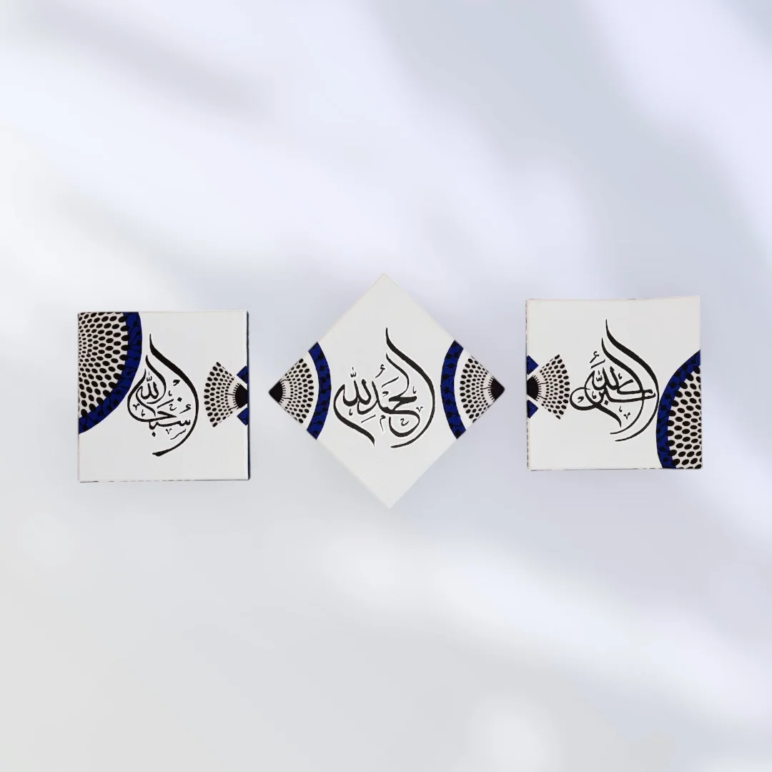 Tableaux x3 calligraphie sur pochoir - tissu wax