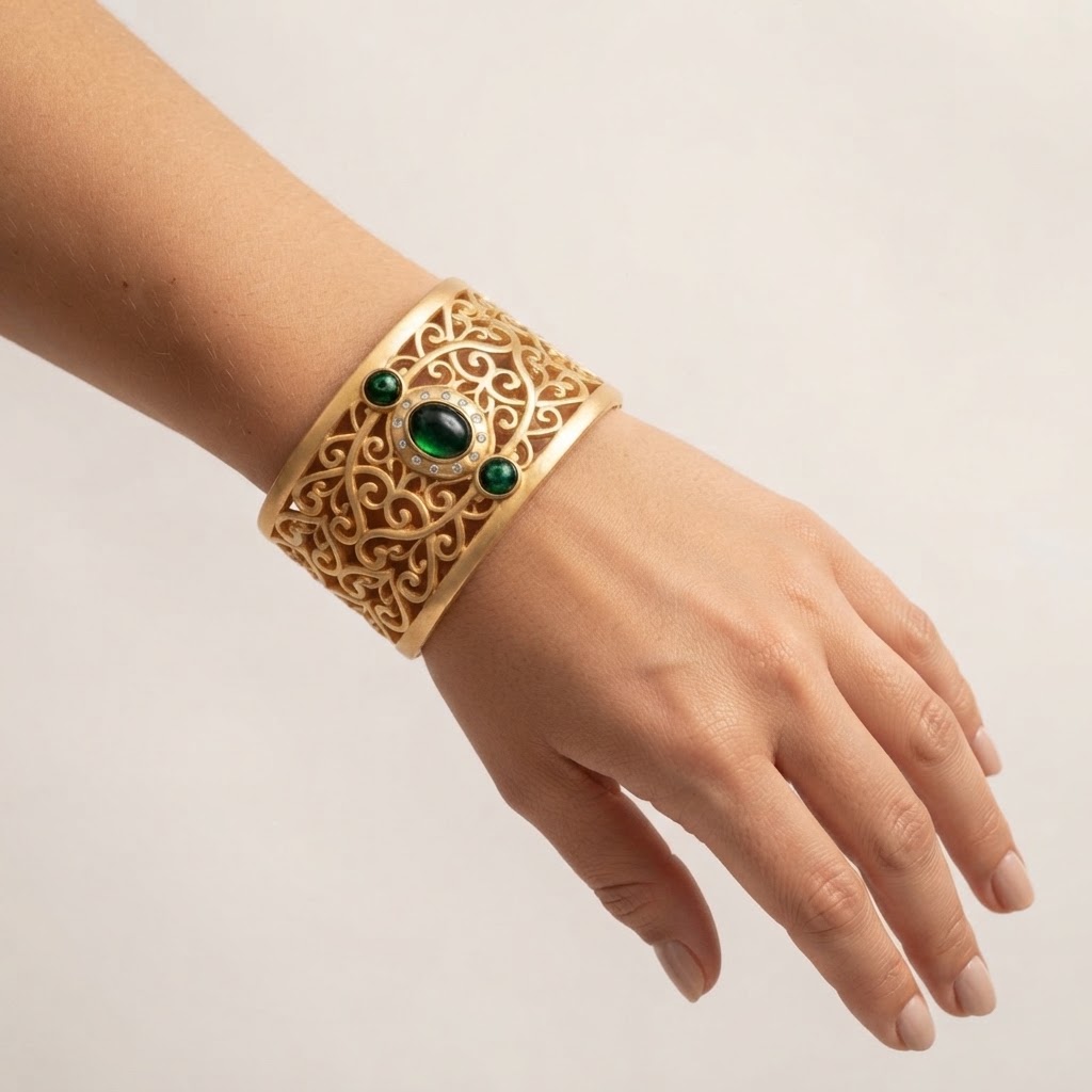 Bracelet Manchette Femme en Acier Inoxydable Doré – Motif Filigrane Oriental – Pierres Vertes – Bijou Élégant