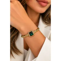 Bracelet Jonc Doré Pierre Verte & Strass – Acier Inoxydable 2