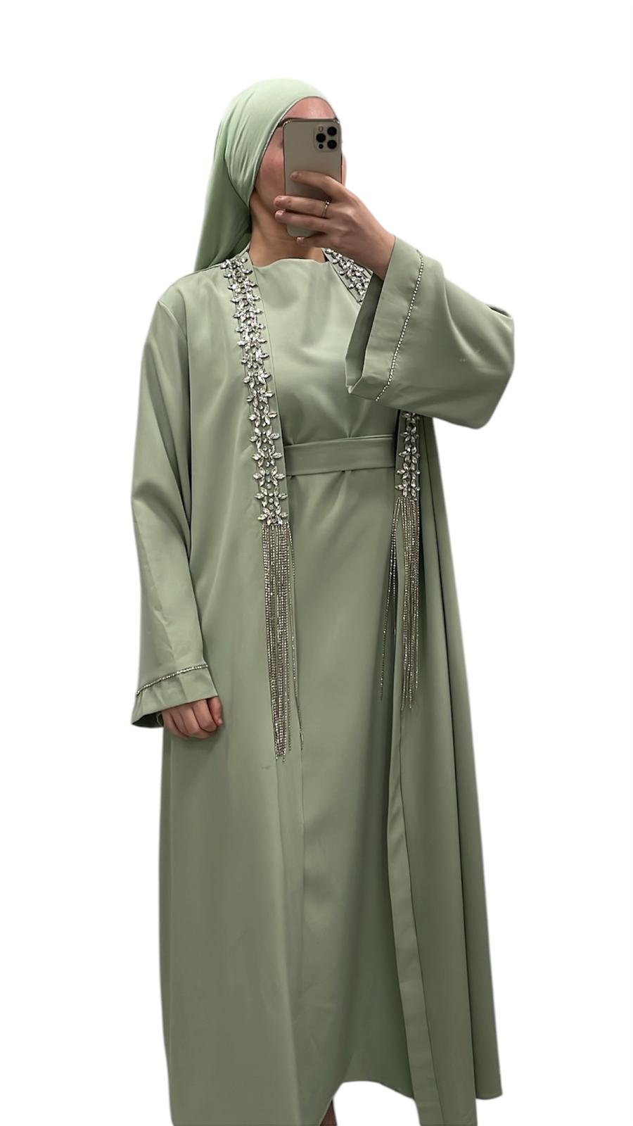 Ensemble luxury a strass vert d'eau - Boutique Qalamdress