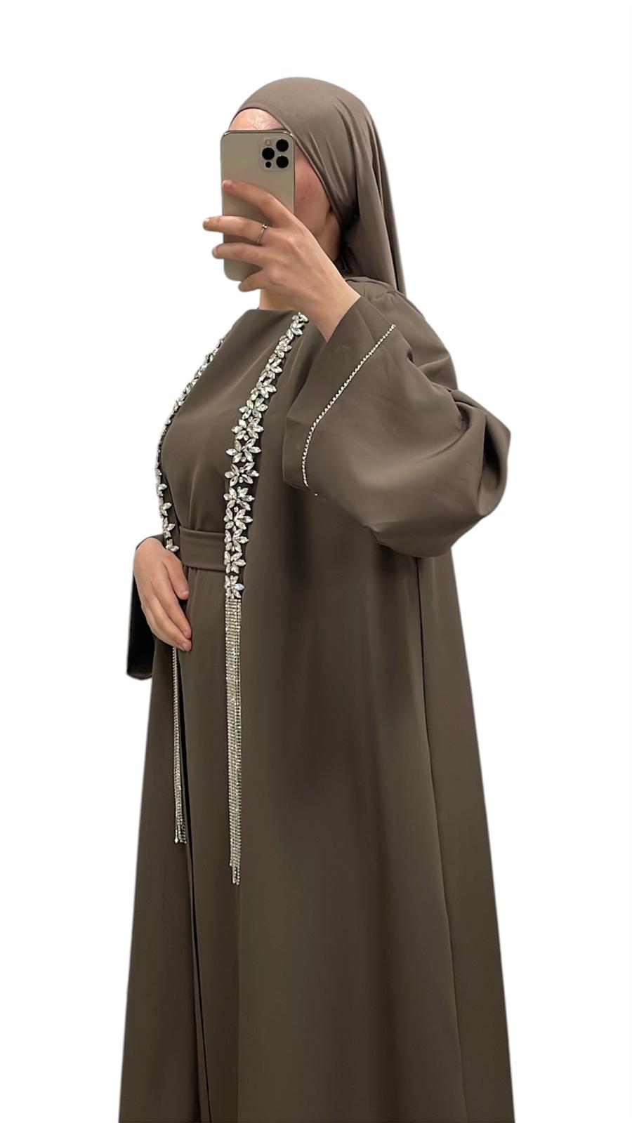 Ensemble Luxury a strass Taupe foncé - Boutique Qalamdress 2