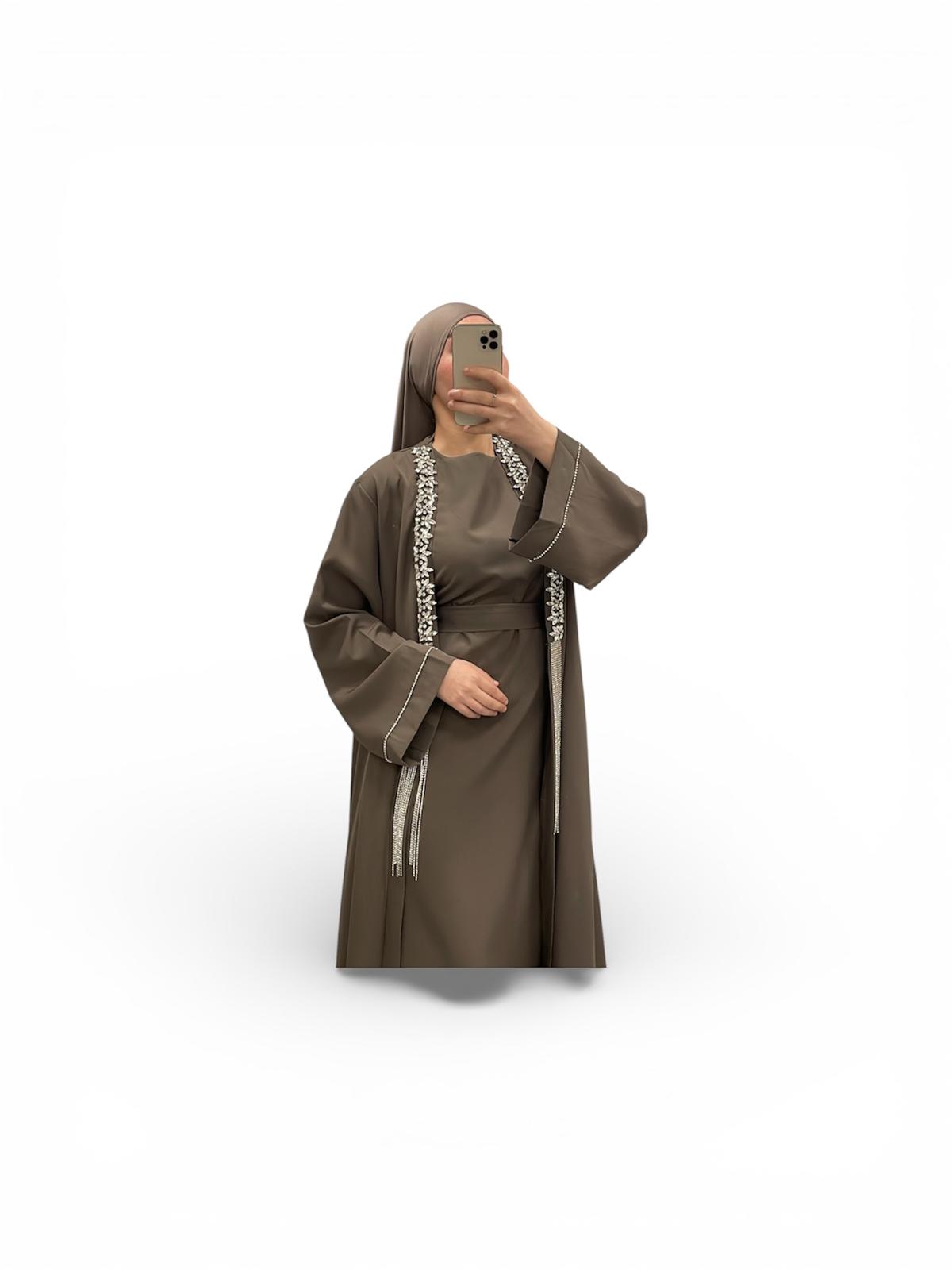 Ensemble Luxury a strass Taupe foncé - Boutique Qalamdress 3