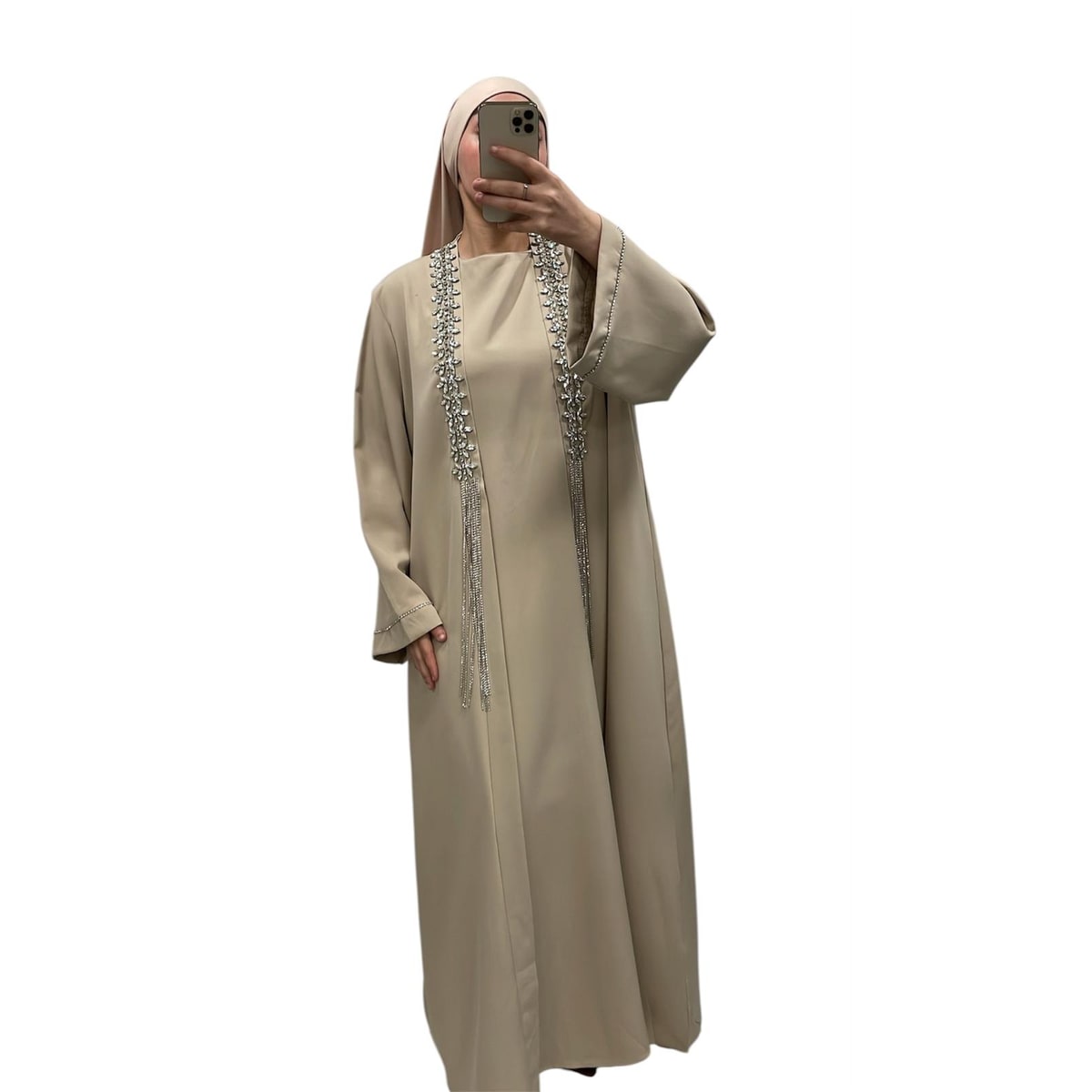Luxury Beige Rhinestone Outfit | Qalamdress