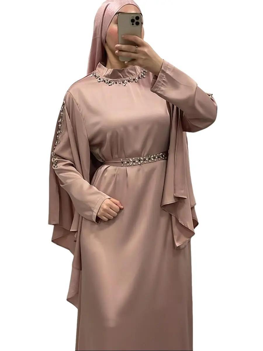 Elégante robe satiné a strass rose - Qalamdress Boutique