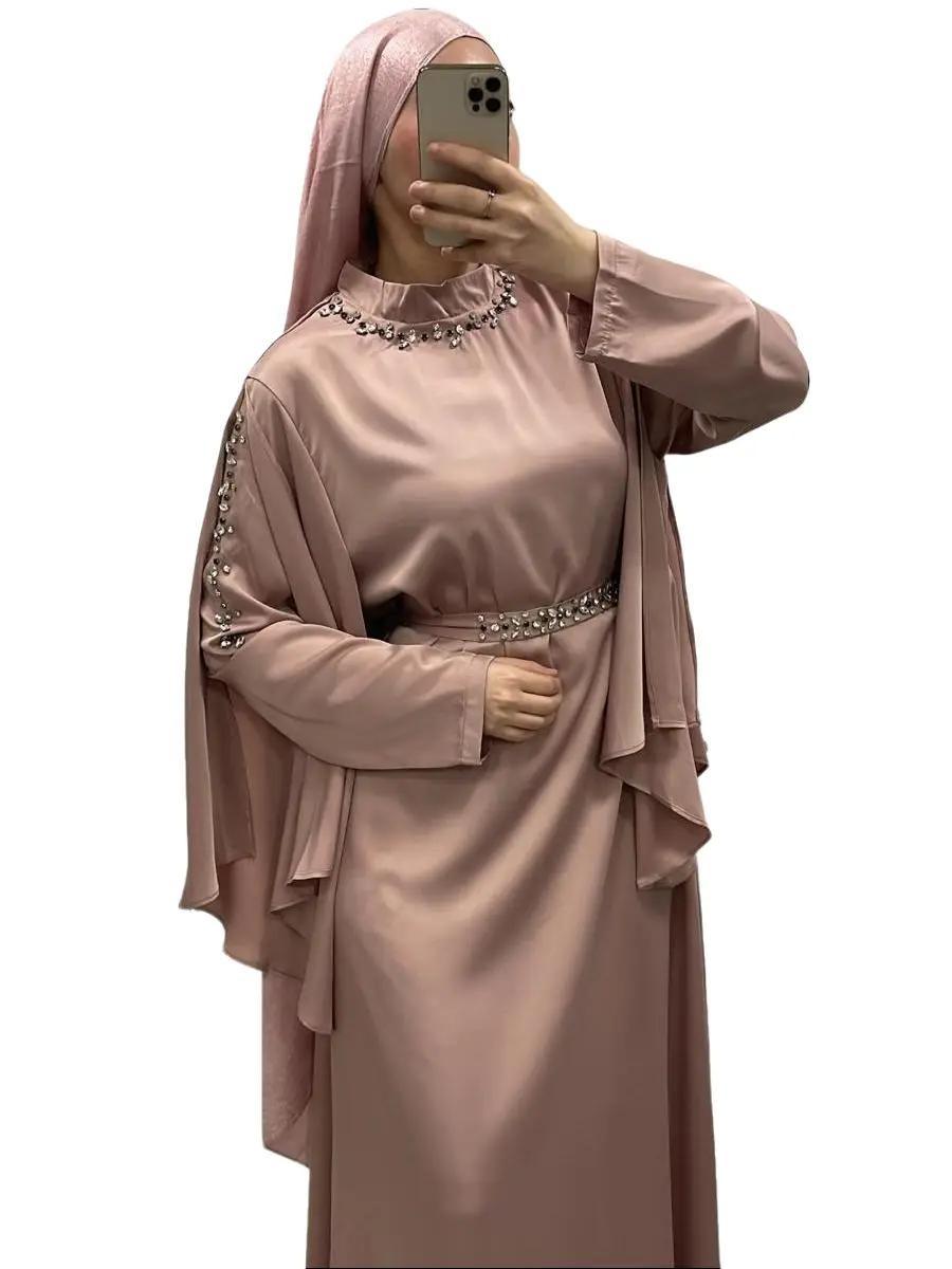 Elégante robe satiné a strass rose - Qalamdress Boutique 2