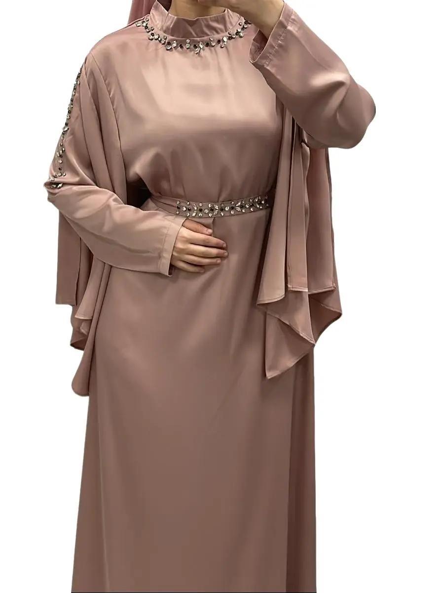 Elégante robe satiné a strass rose - Qalamdress Boutique 3