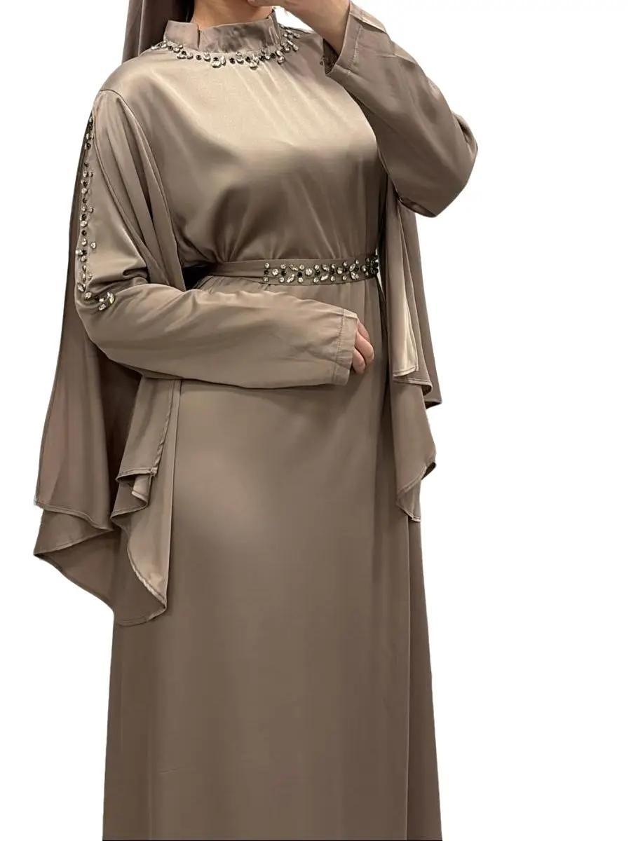 Elégante robe satiné a strass Taupe - QALAMDRESS Boutique 2