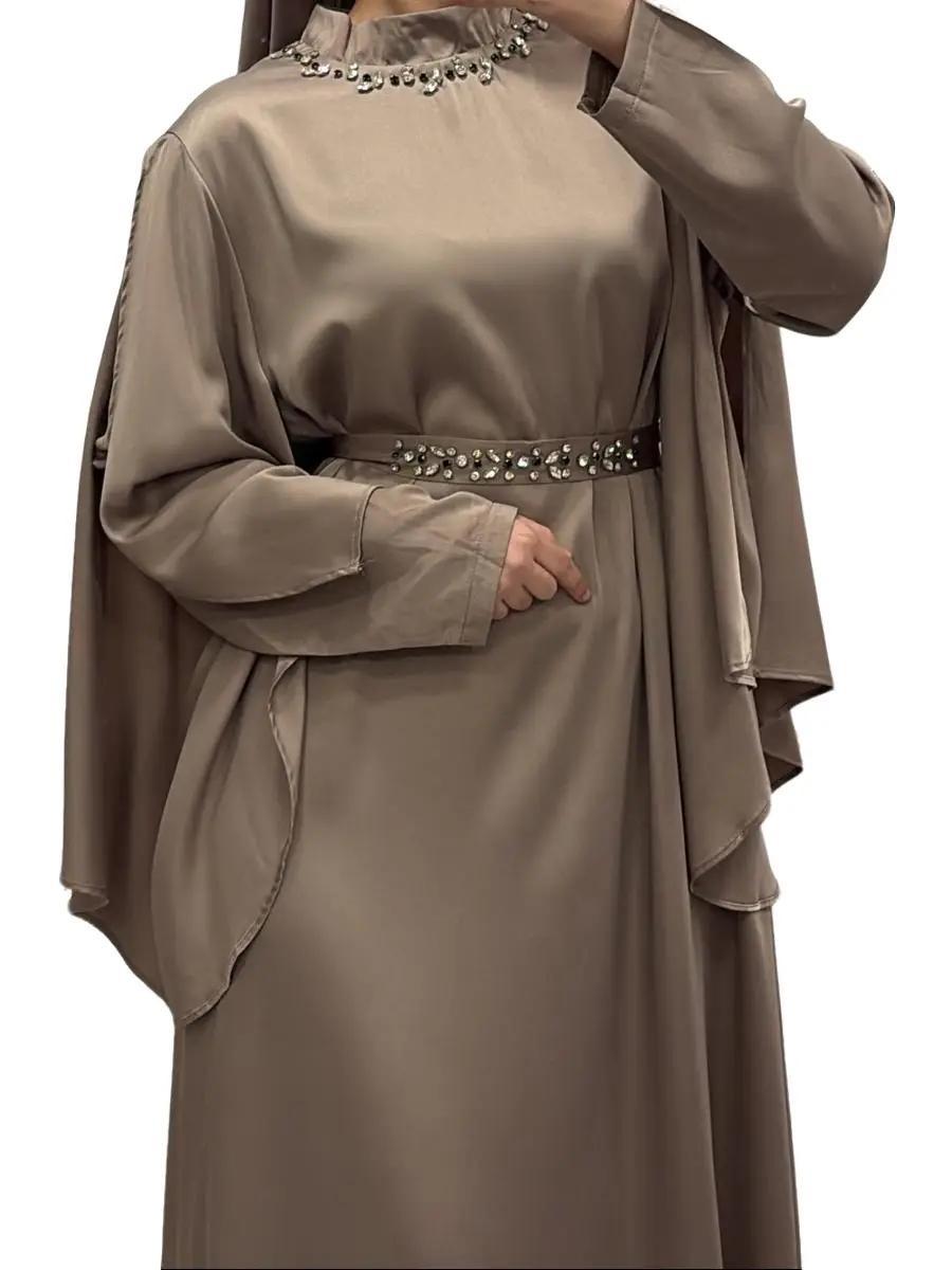 Elégante robe satiné a strass Taupe - QALAMDRESS Boutique 4