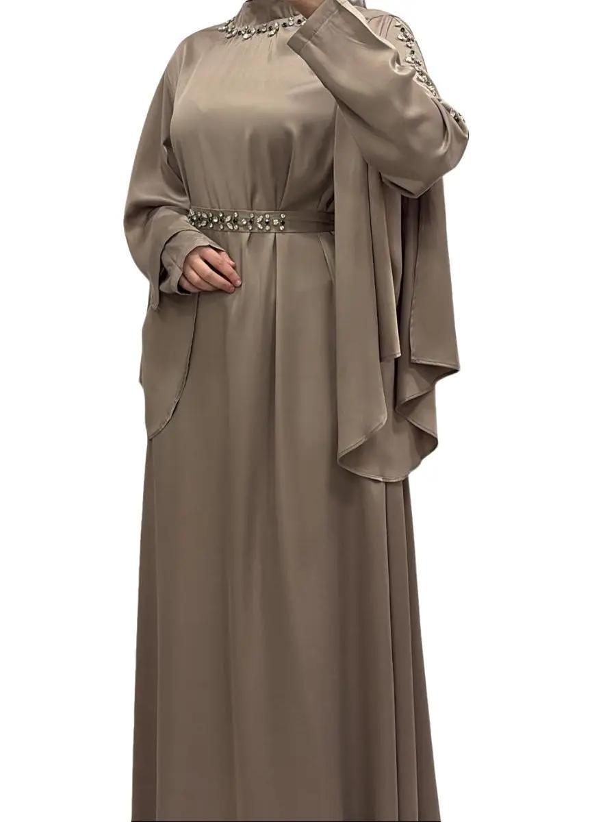 Elégante robe satiné a strass Taupe - QALAMDRESS Boutique 5