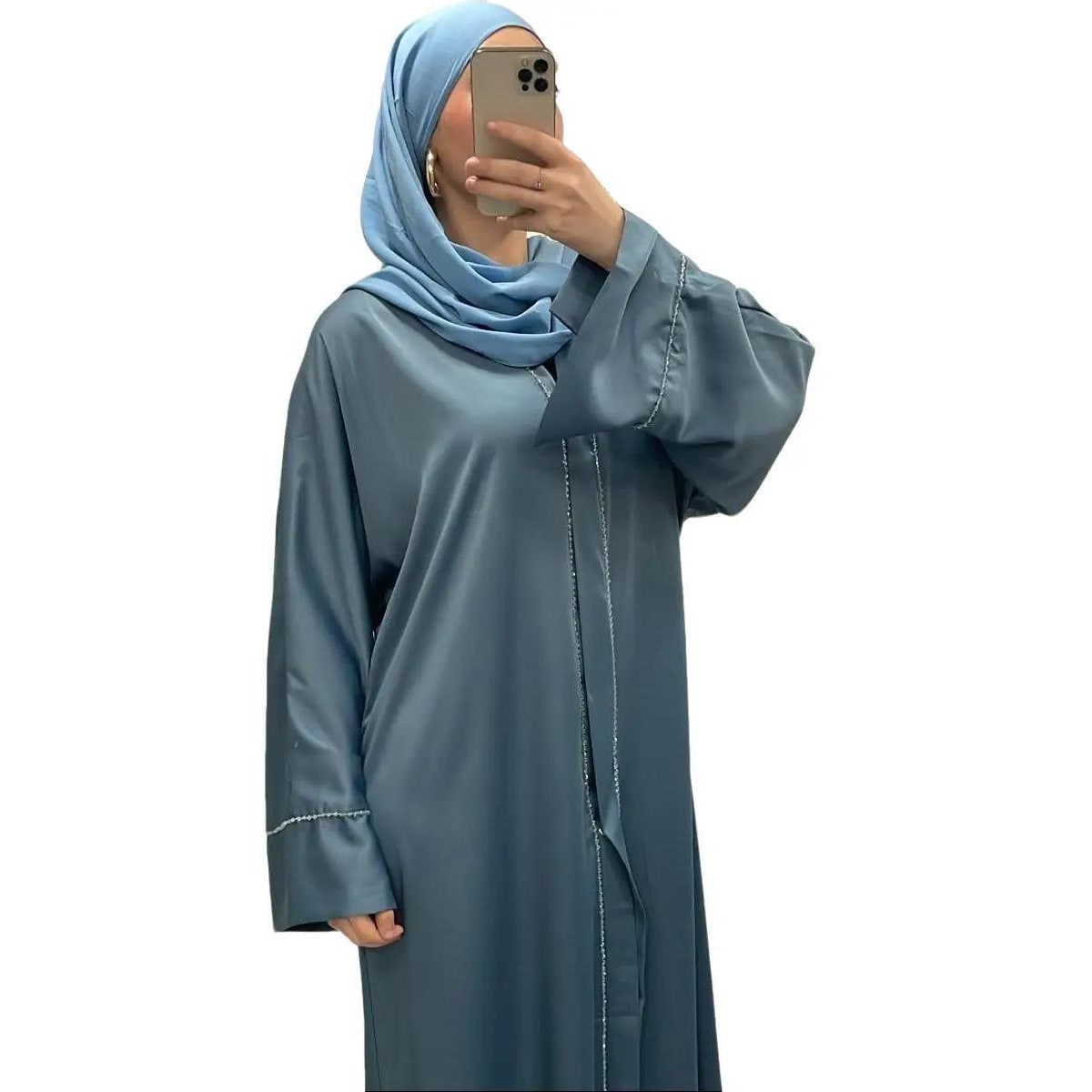 Abaya satiné avec perles bleu - Boutique Qalamdress