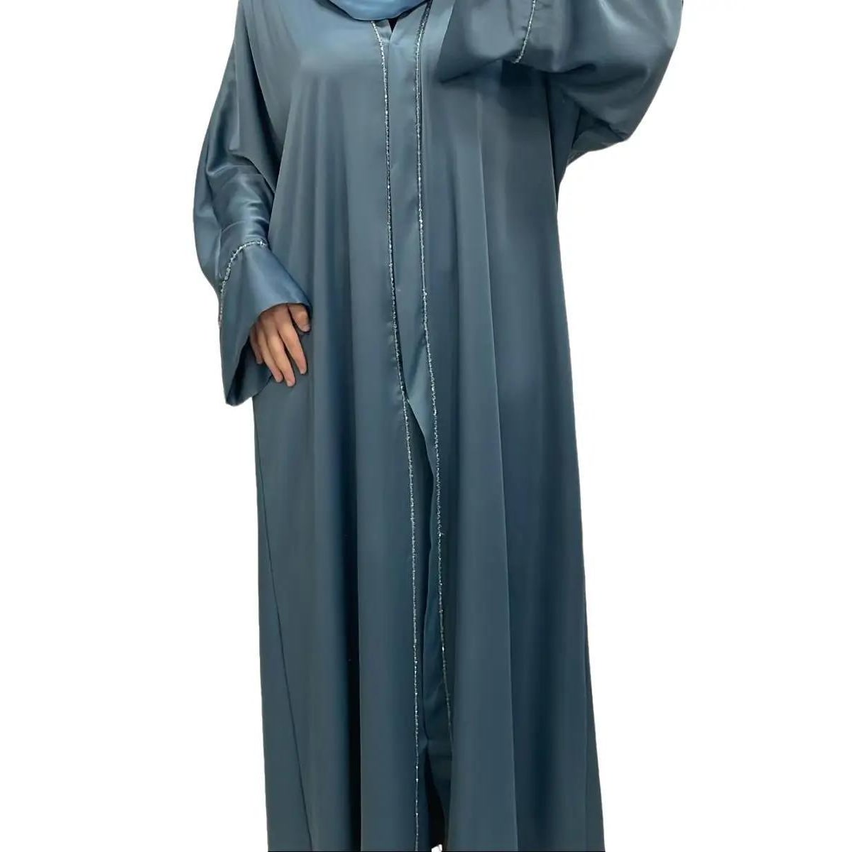 Abaya satiné avec perles bleu - Boutique Qalamdress