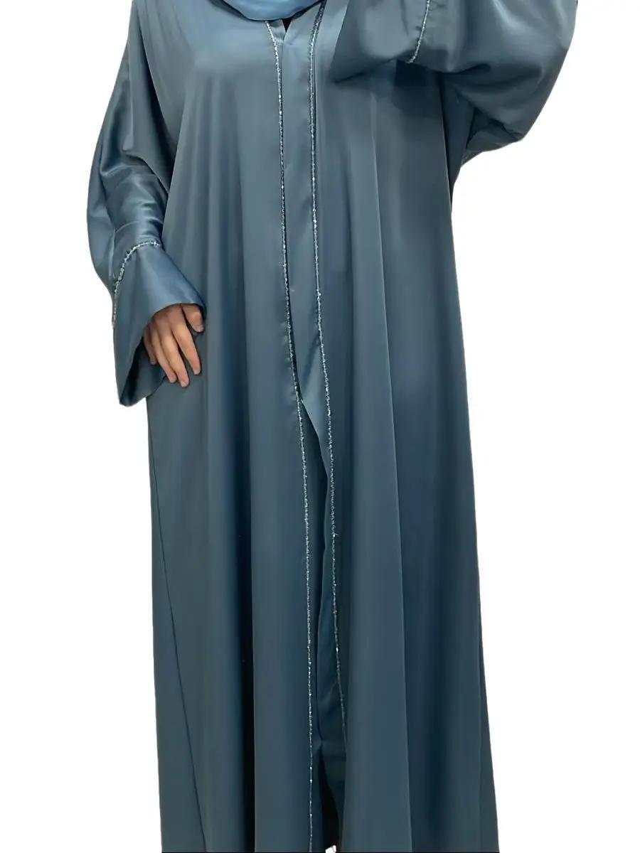Abaya satiné avec perles bleu - Boutique Qalamdress 2