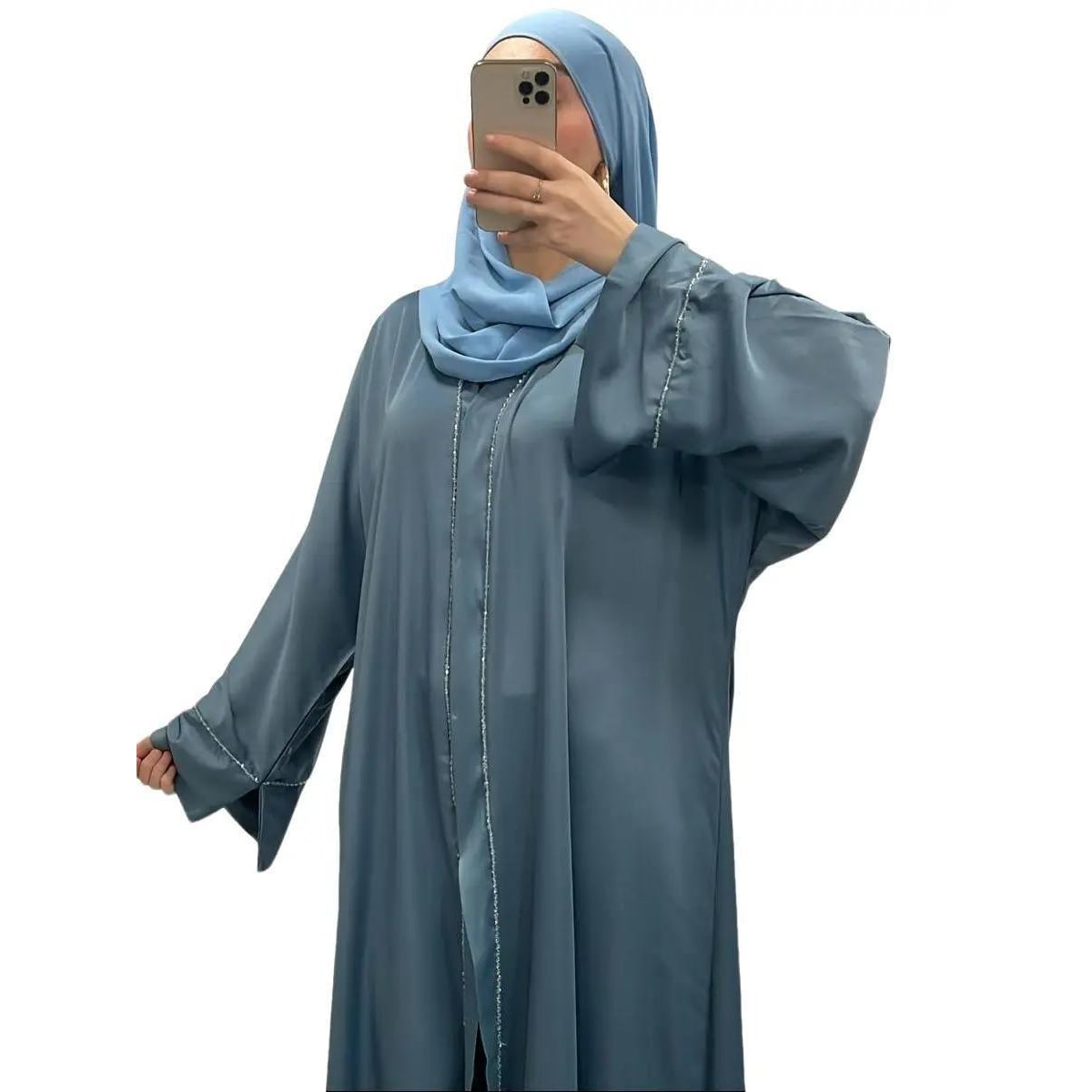 Abaya satiné avec perles bleu - Boutique Qalamdress