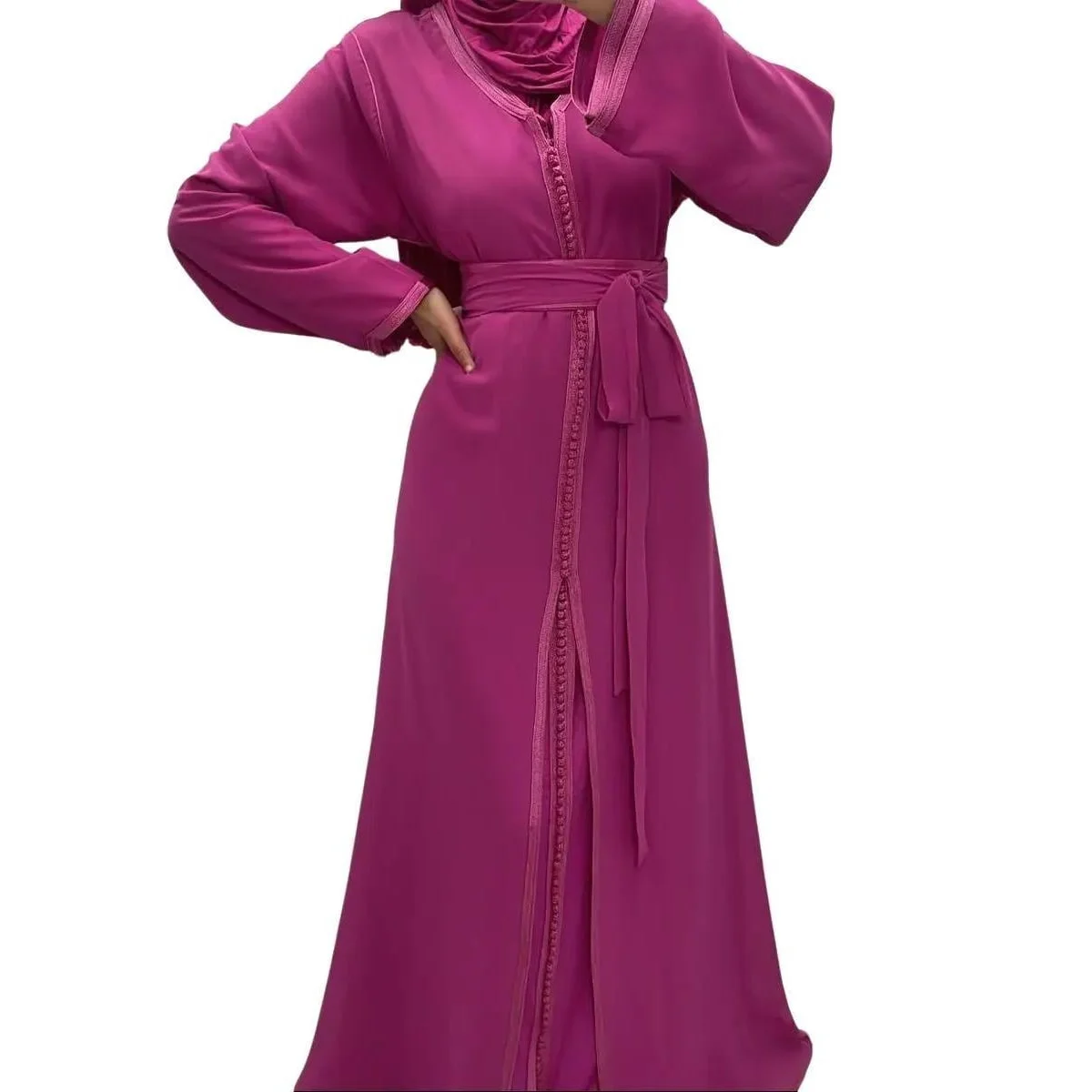 Takchita/ Caftan 2pieces rose indien simple avec ceinture en tissu