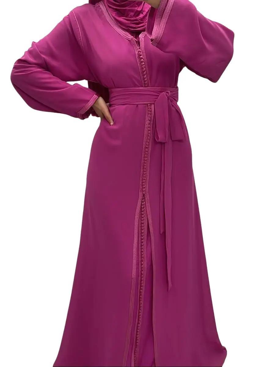 Takchita/ Caftan 2pieces rose indien simple avec ceinture en tissu