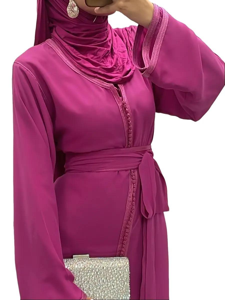 Takchita/ Caftan 2pieces rose indien simple avec ceinture en tissu 3