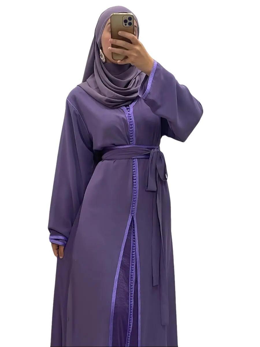 Takchita/ Caftan 2pieces Violet simple avec ceinture en tissu
