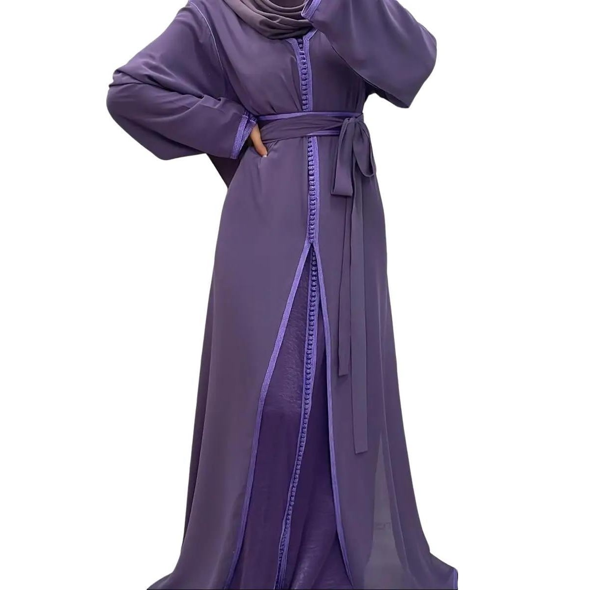 Takchita/ Caftan 2pieces Violet simple avec ceinture en tissu