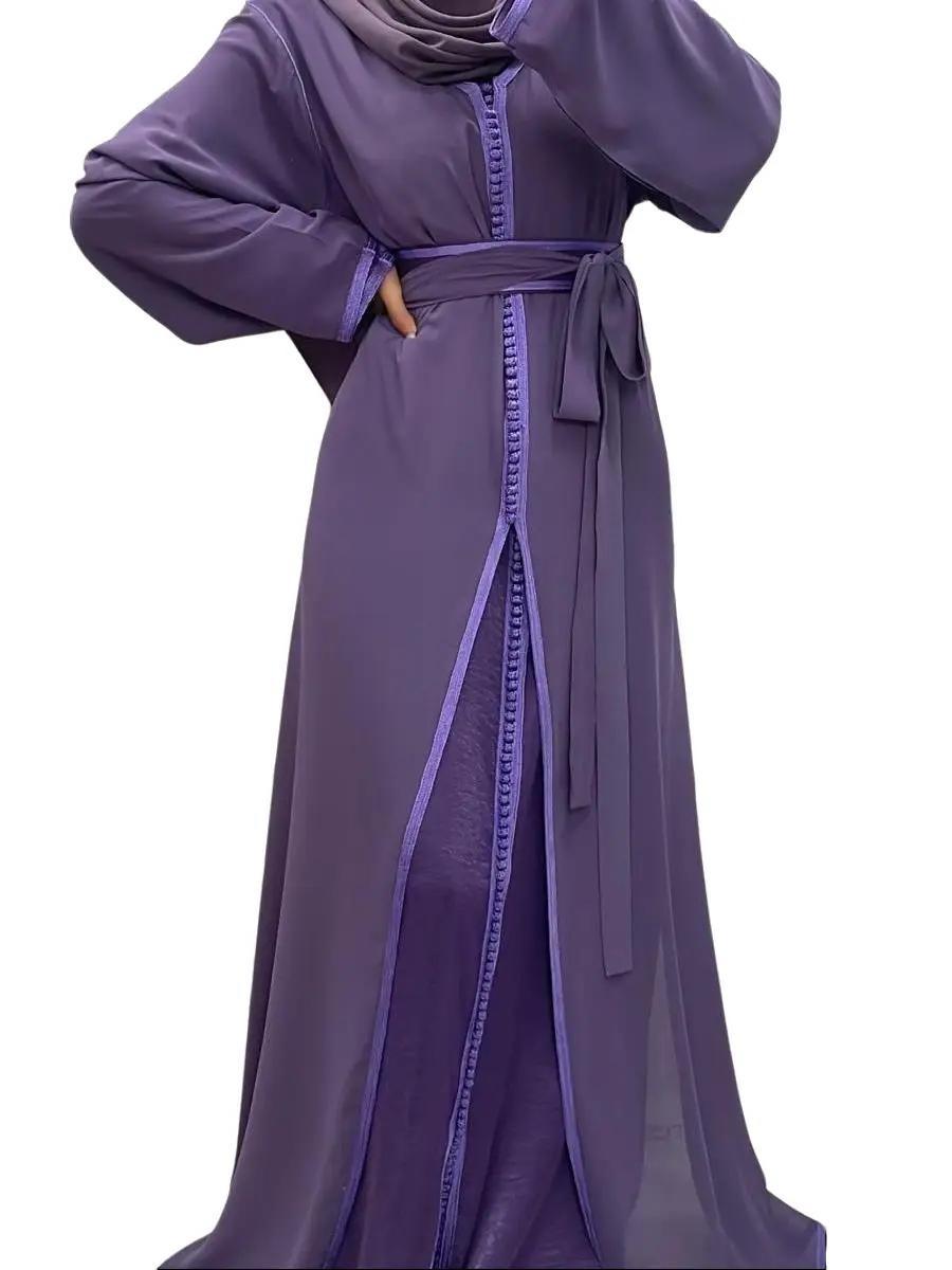 Takchita/ Caftan 2pieces Violet simple avec ceinture en tissu 2