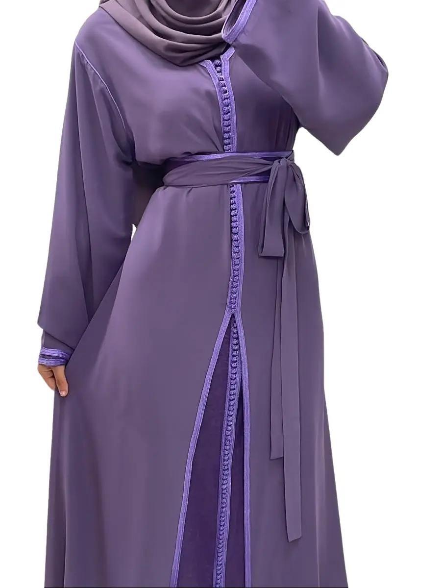 Takchita/ Caftan 2pieces Violet simple avec ceinture en tissu 3