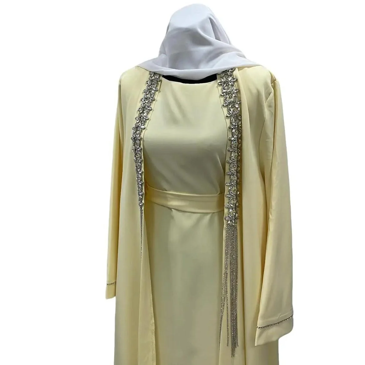 Ensemble Luxueux Jaune 3 Pièces - Sous-Robe Sans Manches, Kimono avec Strass et Ceinture