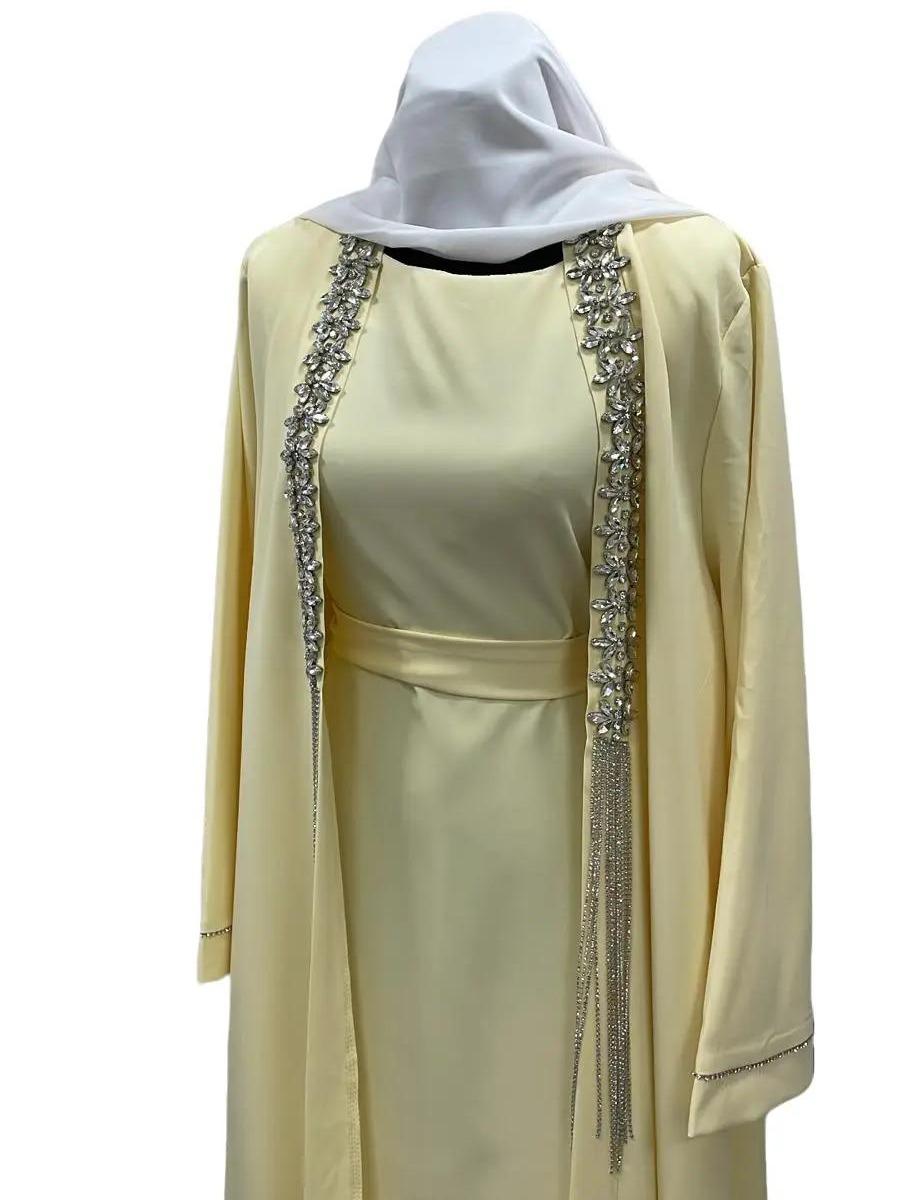 Ensemble Luxueux Jaune 3 Pièces - Sous-Robe Sans Manches, Kimono avec Strass et Ceinture