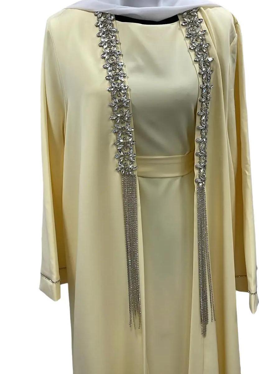 Ensemble Luxueux Jaune 3 Pièces - Sous-Robe Sans Manches, Kimono avec Strass et Ceinture 2
