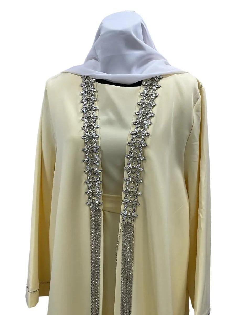 Ensemble Luxueux Jaune 3 Pièces - Sous-Robe Sans Manches, Kimono avec Strass et Ceinture 3