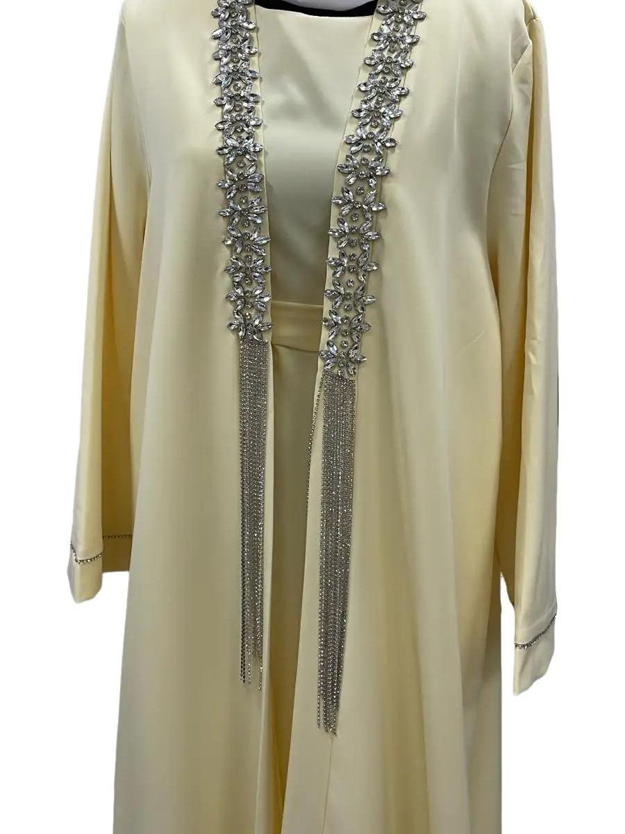 Ensemble Luxueux Jaune 3 Pièces - Sous-Robe Sans Manches, Kimono avec Strass et Ceinture 5