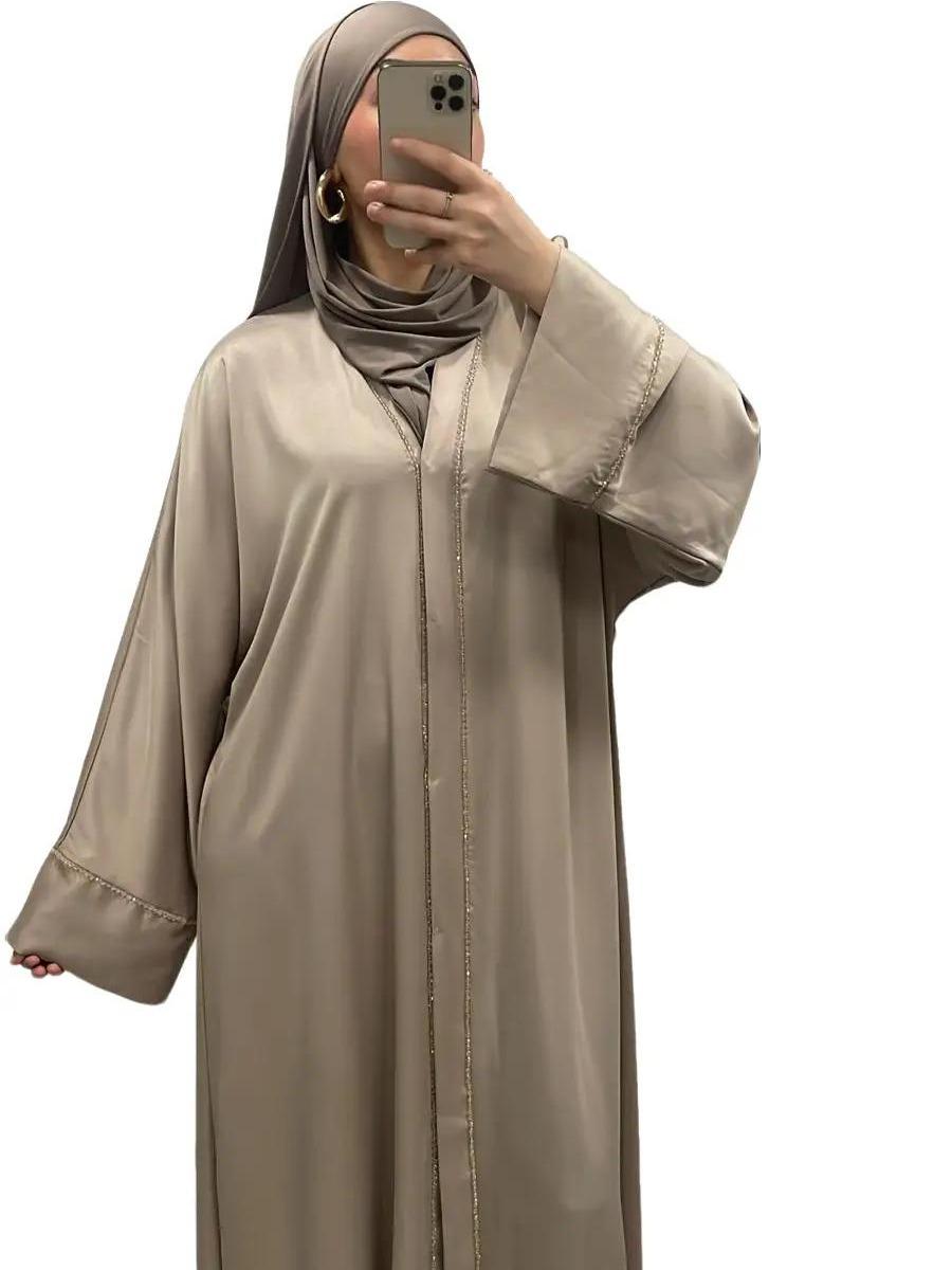 Abaya satinée avec perles taupe - Boutique Qalamdress