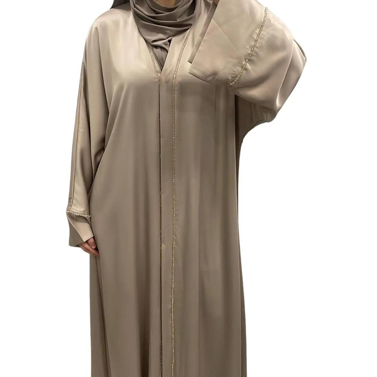 Abaya satinée avec perles taupe - Boutique Qalamdress
