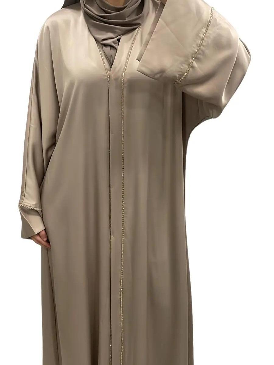 Abaya satinée avec perles taupe - Boutique Qalamdress 2